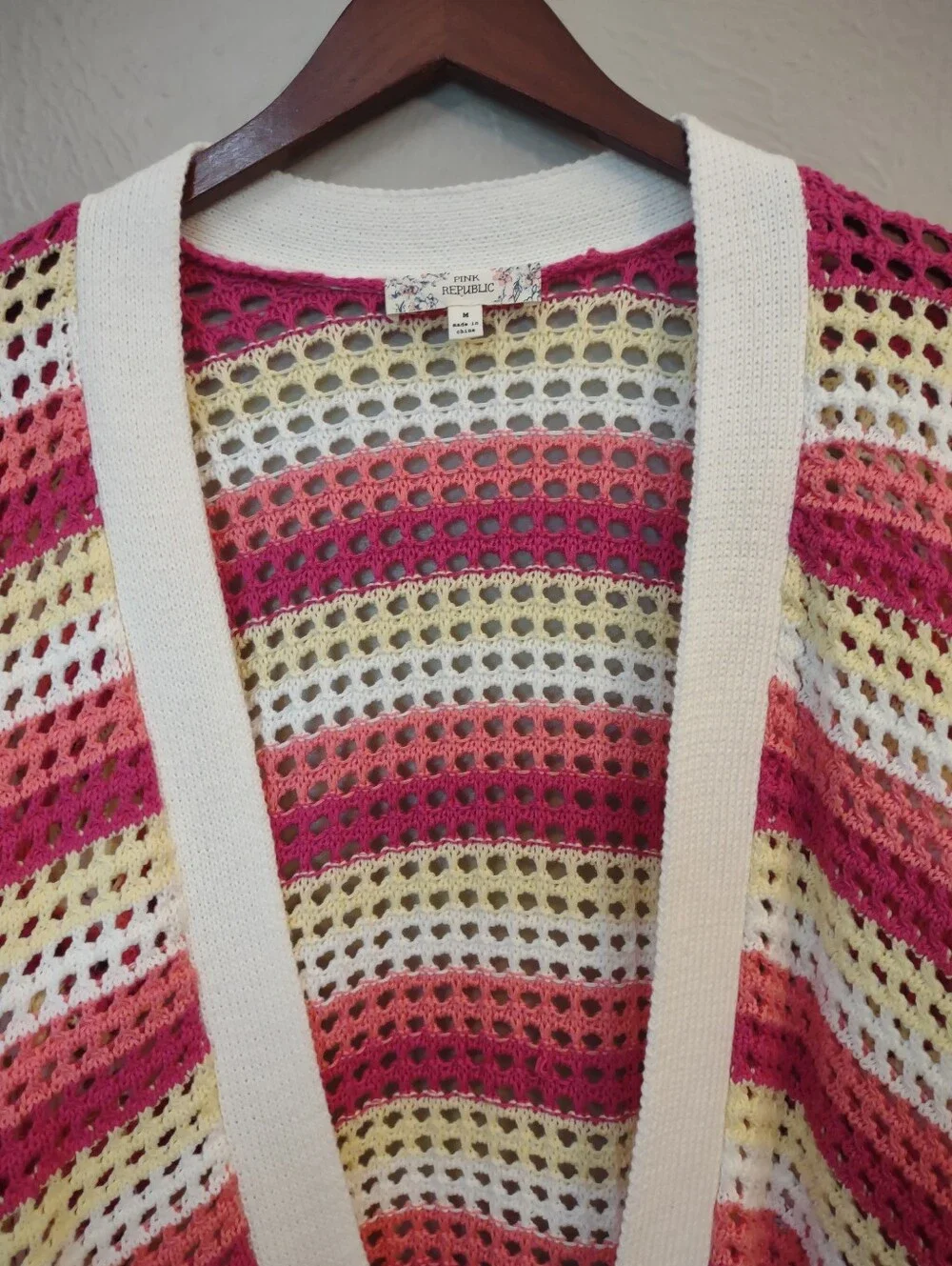 Pink Republic Open Front Knit Cardigan Sweater Coral White Yellow Striped Medium